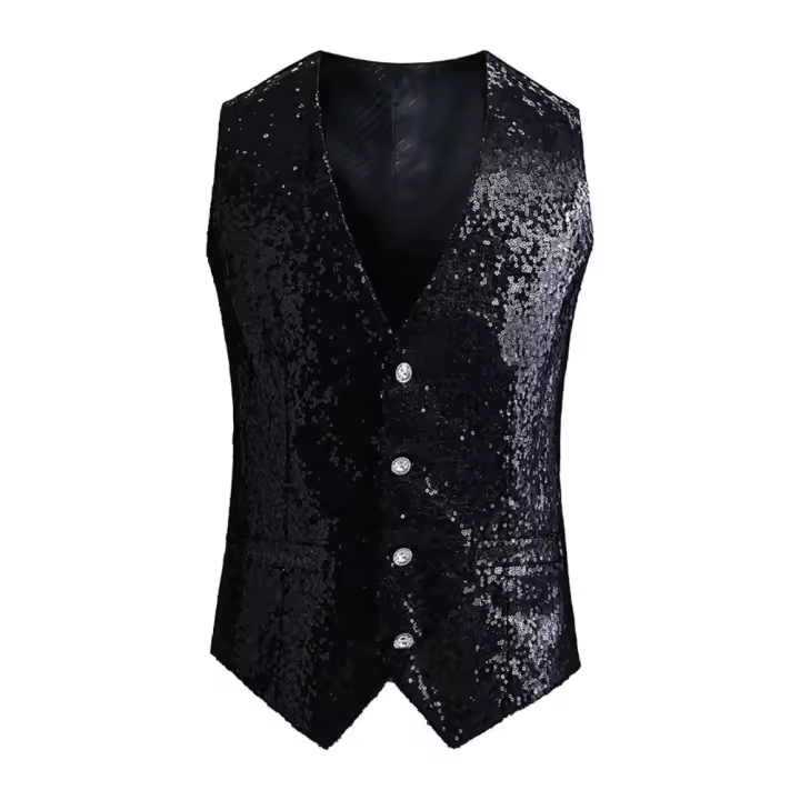 Chaleco de hombre con lentejuelas brillantes, sin mangas, ajustado, de un solo pecho, con cuello en V, chaleco Formal para hombre, traje ajustado con decoración de lentejuelas - 1