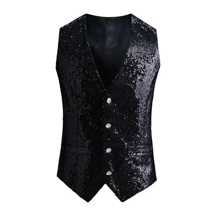 Chaleco de hombre con lentejuelas brillantes, sin mangas, ajustado, de un solo pecho, con cuello en V, chaleco Formal para hombre, traje ajustado con decoración de lentejuelas - 1