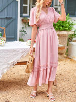 Vestido largo de encaje formal con cuello en V para mujer, con volantes y flecos, manga corta, estilo bohemio, para invitados de boda - details 9