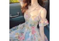Exquisito vestido con hombros descubiertos estampado de alta gama con un temperamento femenino, cintura ceñida y dulce leche de súper hada - details 6