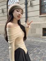 Jersey de otoño para mujer, Top Irregular con hombros descubiertos, suéter de punto negro de manga larga con base para mujer - details 1