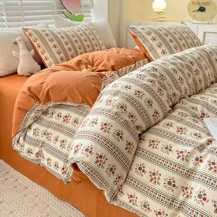 Juego de cama: Sábana ajustable de algodón lavado puro de cuatro piezas, funda de edredón, juego de tres piezas de cama individual para dormitorio de estudiantes: Sábana, funda - 1