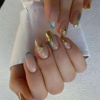 24 piezas de diseño dorado en forma de almendra francesa, uñas ovaladas simples, uñas postizas completamente cubiertas - details 3
