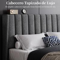 Cama tapizada con cabecera a rayas con alas de láminas de madera y metal, cama matrimonial color beige. - details 40