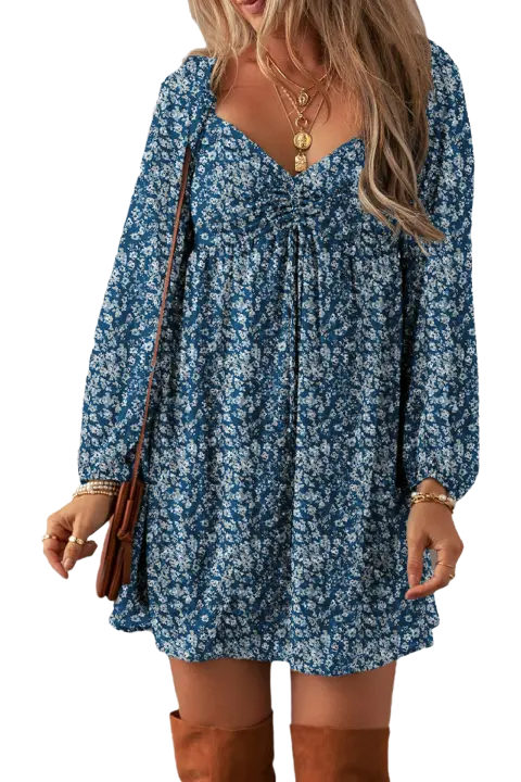 Elrachen Mini vestido con espalda fruncida y escote corazón con estampado floral para mujer, azul, tallas S-XL - 1