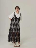 Vestido de encaje negro transparente de una pieza para mujer, vestido Midi sin mangas con cuello en V, estilo coreano, a la moda, para primavera y verano - details 0