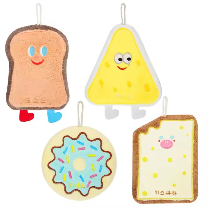 Toalla de Mano Suave y Absorbente de Coral Fleece Diseño de Dibujos Animados de Queso Toast Donuts - 1