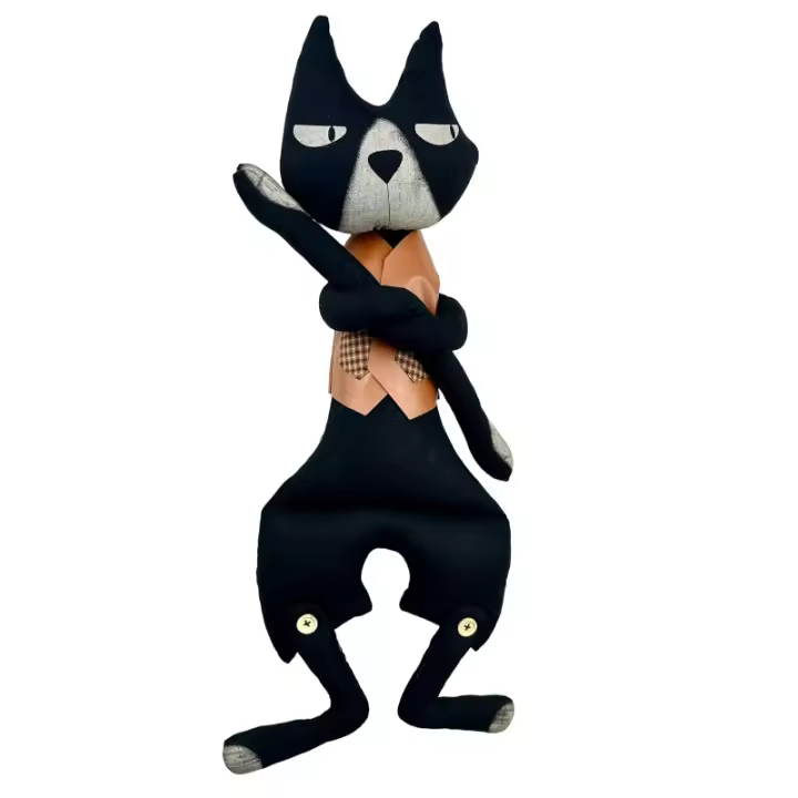 Muñeco de peluche de gato negro hecho a mano con chaleco, juguete de peluche de gato negro único, muñeca de gato negro personalizada hecha a mano con chaleco de moda, gato negro artesanal-22,8 pulgadas - 1