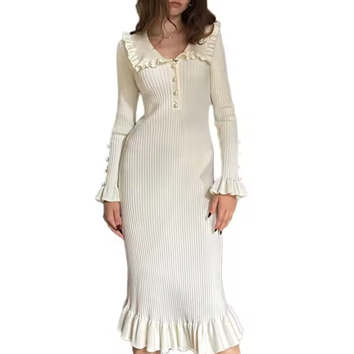 Vestidos acanalados de cintura alta, vestidos largos de punto cansados ​​para otoño e invierno, vestido para mujer, Retro elegante - 1