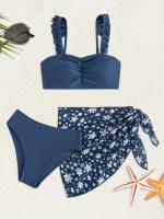 Conjunto de Bikini para Niñas con Decoración de Borde Plisado y Falda de Playa con Estampado Floral - details 0