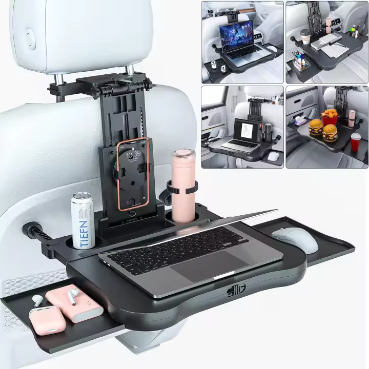 Bandeja de Viaje Multifuncional Ajustable Soporte Universal para Dispositivos Electrónicos en Asiento Trasero Comedor Portátil con Soporte para Teléfono y Bebida Ideal para Viajes en Carretera - 1