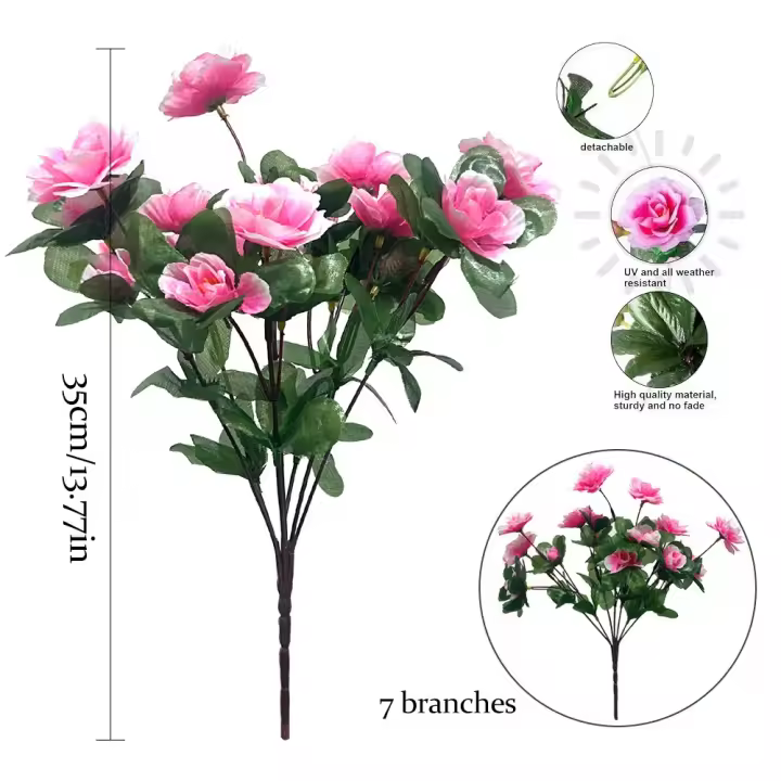 Flores de rododendro artificiales realistas, 2 uds., 35cm, 7 ramas, ramo de Azalea Artificial de seda, flores falsas para interior/exterior - 1