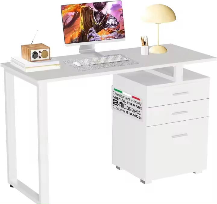 Escritorio Moderno de Madera y Acero 3 Cajones, Porta Ordenador, Diseño de Mesa de Trabajo, 120 x 50 x 75 cm, Decoración para Casa y Oficina - 1