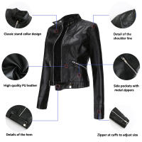 Chaquetas de piel sintética para mujer, abrigo ajustado con cremallera para motocicleta, abrigo corto de PU para motorista - details 2