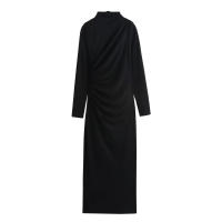 Vestido de cuello redondo para mujer, minivestido plisado de manga larga con espalda, color sólido, nable, para otoño - details 2