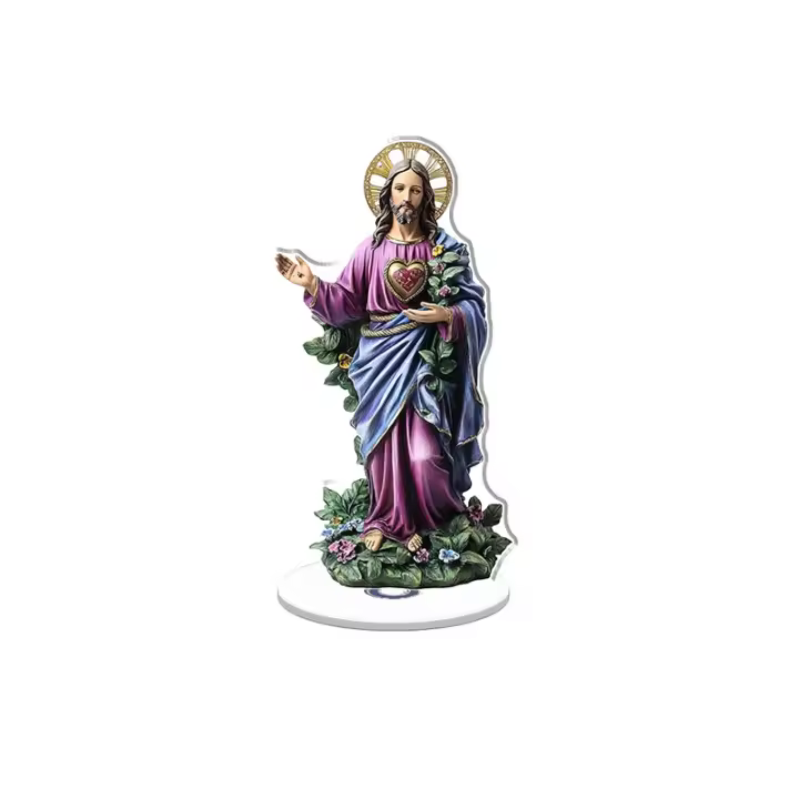 Expositor acrílico giratorio con un Sagrado Corazón de Jesús ultrarealista con un marco morado y azul rodeado de hojas y flores vibrantes. - 1