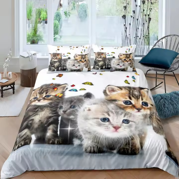Juego de Cubierta de Edredón de Gato Diseño de Gatito Lindo Material de Poliéster Tamaño Rey - 1