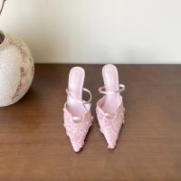 Nuevo temperamento puntiagudo rosa bolsa cabeza media zapatillas mujer malla encaje stiletto tacones altos - details 26
