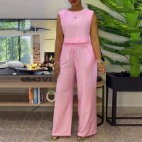 Conjunto casual de otoño para mujer, chaleco sin mangas de cuello redondo de color sólido y pantalones largos de pierna ancha - details 3