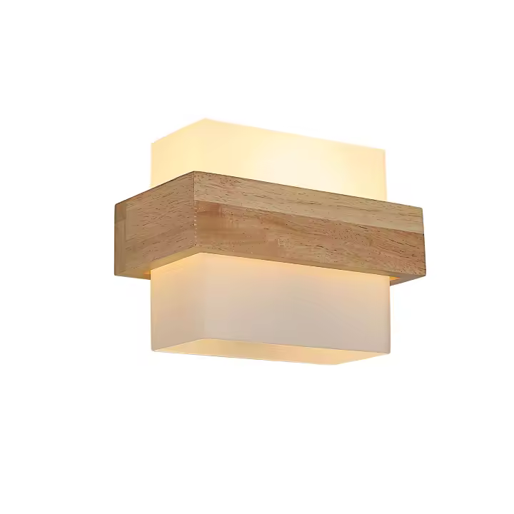 GOECO Aplique de diseño nórdico, color madera natural, 22x13x17 cm, cristal cuadrado, luz tricolor 12W, E27 - 1