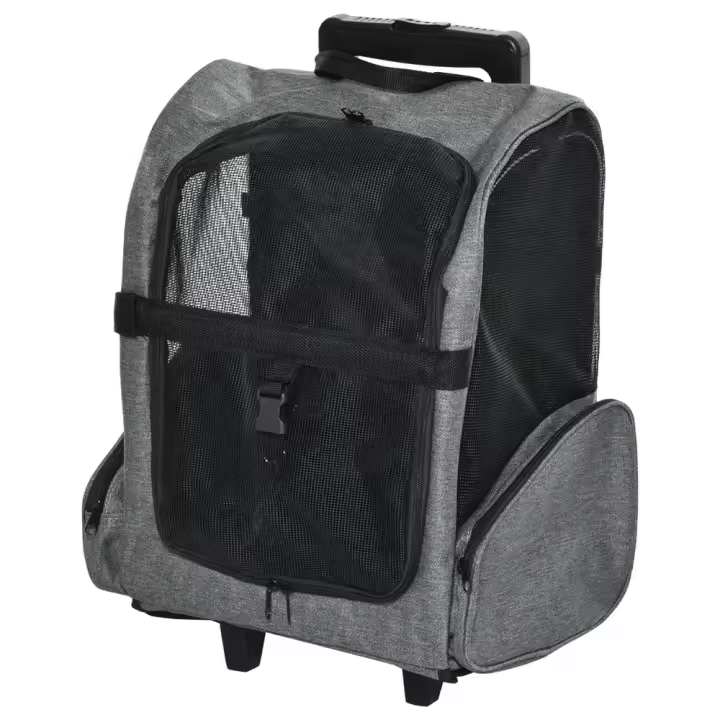 PawHut-carrito de transporte para mascotas, mochila de viaje 2 en 1 con 2 ruedas para perros y gatos, mango retráctil, 42x25x55 cm, color gris - 1