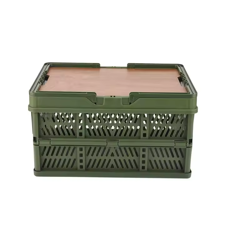 Cubierta plegable para mesa de árbol, cesta de camping de plástico plegable portátil con mango de tapa de madera, utilizada para almacenamiento de actividades al aire libre - 1