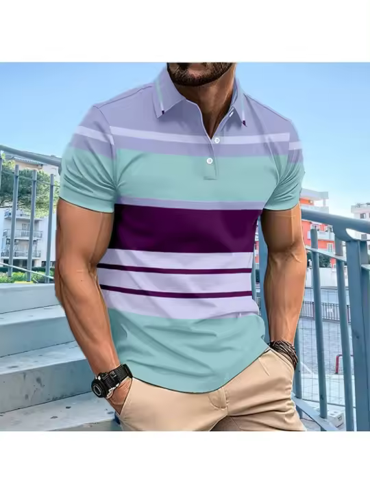POLO casual para hombre Camiseta con solapa abotonada a rayas con estampado digital - 1