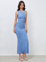 Elegante vestido plisado lateral de mujer falda alta y larga - details 4
