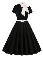 Vestido de Parche de Dos Tonos Vintage con Cuello de Lazo Manga Corta de Verano - details 1