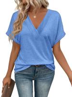 Tops de moda de color sólido con cuello en V, ropa popular coreana, camiseta holgada de manga corta de verano para mujer. - details 19