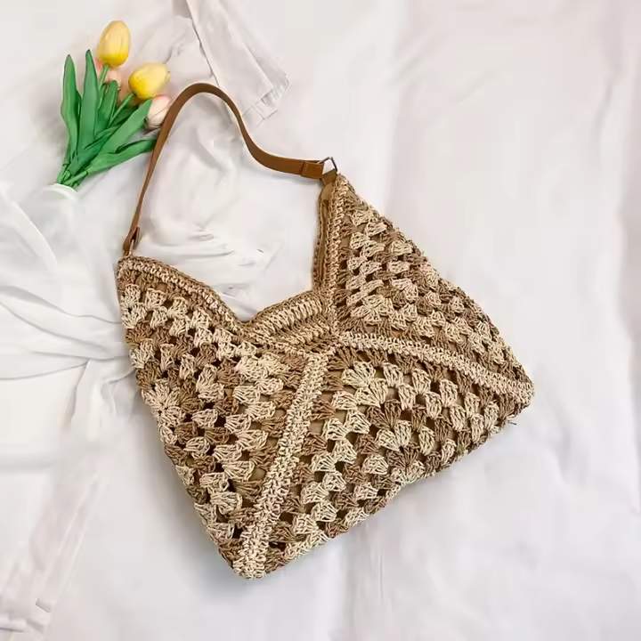 Bolso de Playa Tejido de Moda Diseño Liso, Cierre Magnético, Bolso de Hombro Grande para Mujeres - 1
