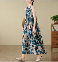 Vestido de Lino de Algodón para Mujer en Talla Grande Bohemia Cuello Redondo Sin Mangas Falda Larga de Ajuste Suelto Estampado - details 11