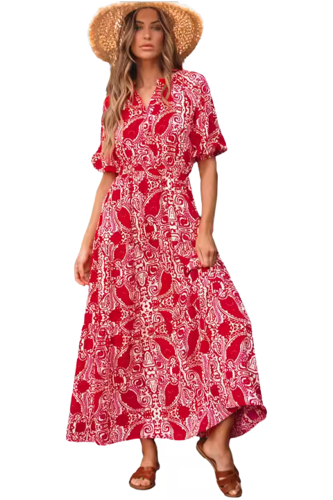Vestido Maxi de Talla Alta Elrachen con Estampado de Paisley Manga Abullonada, Abertura Lateral, Talla S-XL - 1