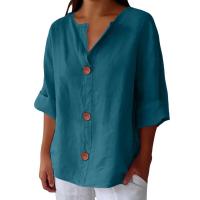 Camiseta de verano "Mujer 2025 con cuello en V, lino y algodón, holgada y transpirable, estilo boho-chic - Moda informal y elegante" "Mujer con cuello en V, algodón, transpirable, - Moda" - details 46