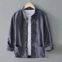 XXXXXL-Blusa holgada de algodón y lino para hombre, camisa de manga larga sin cuello, con botones de rana, talla grande, M-5XL de gran tamaño - details 4