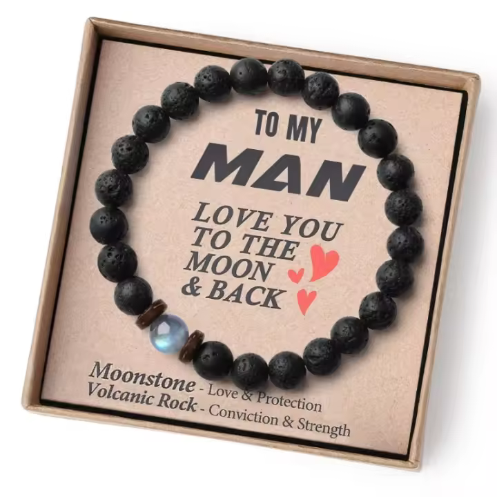 pulsera de piedra volcánica para hombre y mujer, brazalete de cuerda elástica, regalo para el Día del Padre, piedra lunar volcánica,Pulsera de regalo del Día de la Madre - 1