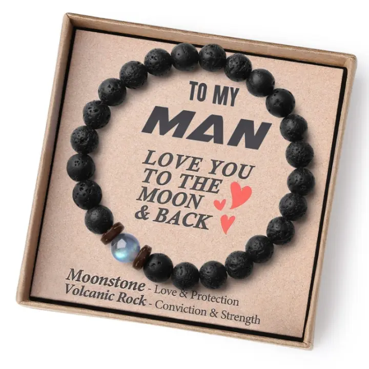 pulsera de piedra volcánica para hombre y mujer, brazalete de cuerda elástica, regalo para el Día del Padre, piedra lunar volcánica,Pulsera de regalo del Día de la Madre - 1