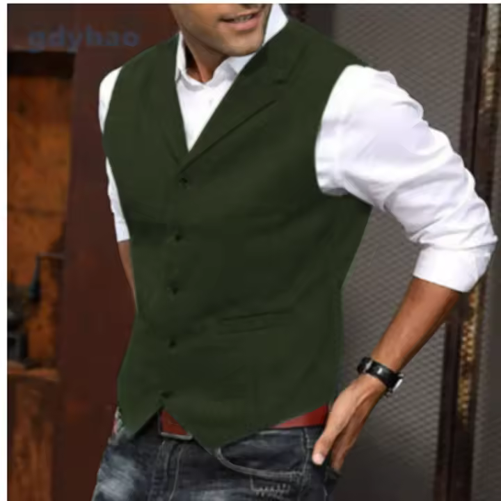 Chaleco de traje clásico informal para hombre, chaleco de negocios ajustado de tweed en espiga con cuello en V para boda - 1