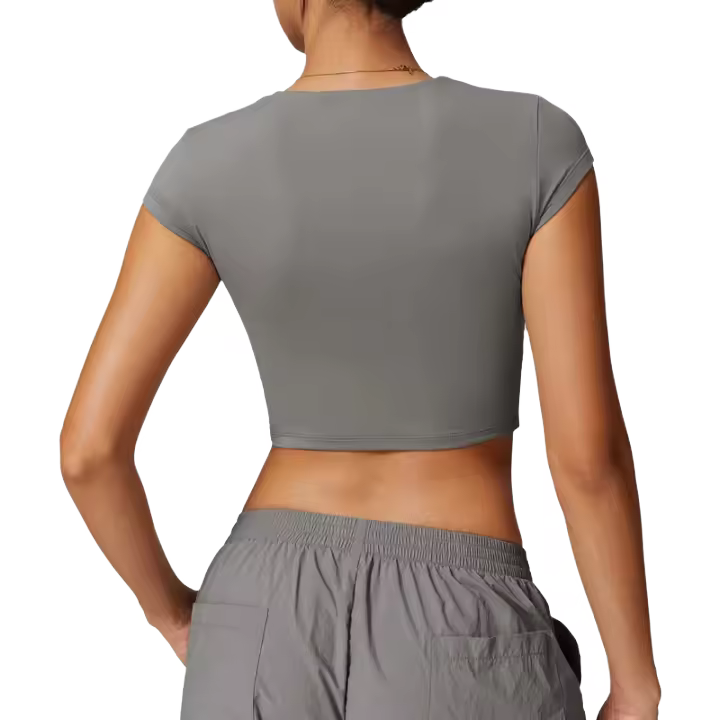 Top corto de manga corta con logo personalizado para mujer, camiseta de yoga ajustada de alta elasticidad, camiseta corta de fitness para correr y gimnasio - 1