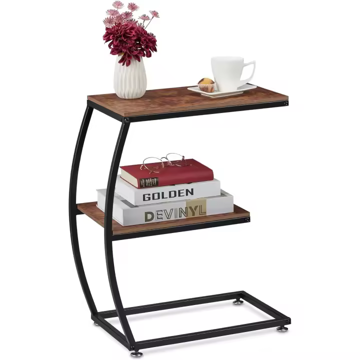 Relaxdays Mesa Auxiliar 2 Tableros, Forma de C, Estilo Industrial, Mesa Auxiliar Metal Efecto Madera, 57,5x47,5x25 cm, Marrón - 1