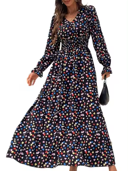 Manga larga floral para mujer, vestido hermoso y elegante con cuello en V, 2025 - 1