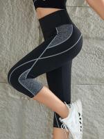 Leggings de yoga con bloques de color para mujer, cintura alta, patchwork, hasta la pantorrilla, pantalones deportivos elásticos para correr - details 5