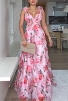 Vestido Largo de Fiesta Étnico con Volantes - Tul Floral Estampado Tropical, Tirantes Finos Ajustables - Elegante Vestido de Noche para Bodas, Fiestas de Verano 2025 - details 2