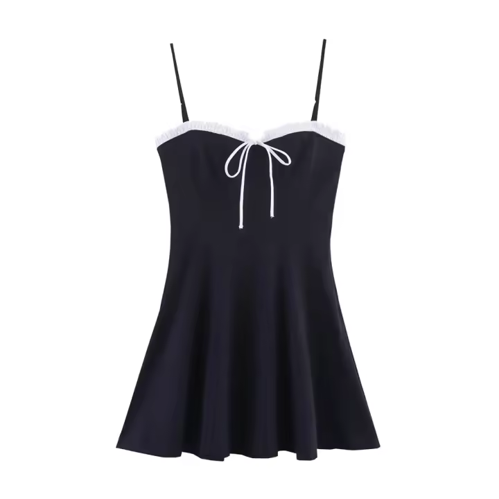 2025, Frech Sweet Temperamet, diseño simple de colores contrastantes, vestido con abertura lateral, falda suspensa, ropa de verano para - 1