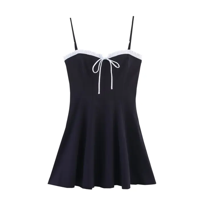 2025, temperamento dulce francés, diseño simple de colores contrastantes, vestido con abertura lateral, falda con tirantes, ropa de verano para - 1