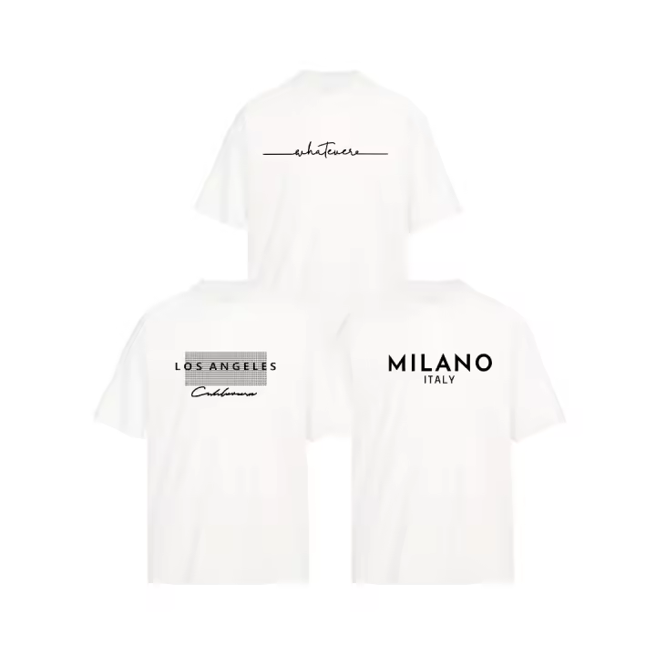 Conjunto de 3 camisetas de moda con estampados artísticos de letras de Los Ángeles y Milán - Casual, mezcla de poliéster transpirable, lavable a máquina - Perfecto para el verano - 1