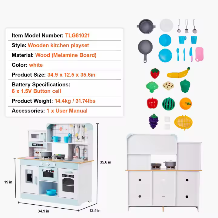 SucceBuy Play Kitchen para niños, juego de cocina de juguete de madera con luces y sonidos. Cocina para niños pequeños con máquina para hacer hielo, horno, fregadero, microondas, refrigerador, utensilios y accesorios para frutas para edades de 3 a 8 años - 1