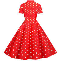 Polka dot print women summer short sleeve striped bow elegant vintage 50s party dress - details 31
