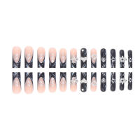 24PCS Uñas Postizas Negras Francesas Con Estrellas Brillantes Y Diseño Sweet Cool Para Mujer Uñas De Resina Originales De China - details 3