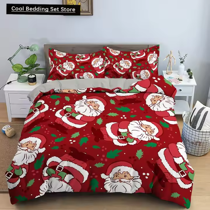 Juego de cama con diseño de Papá Noel, funda nórdica de ciervo navideño para niños y niñas, funda de edredón de poliéster Queen - 1
